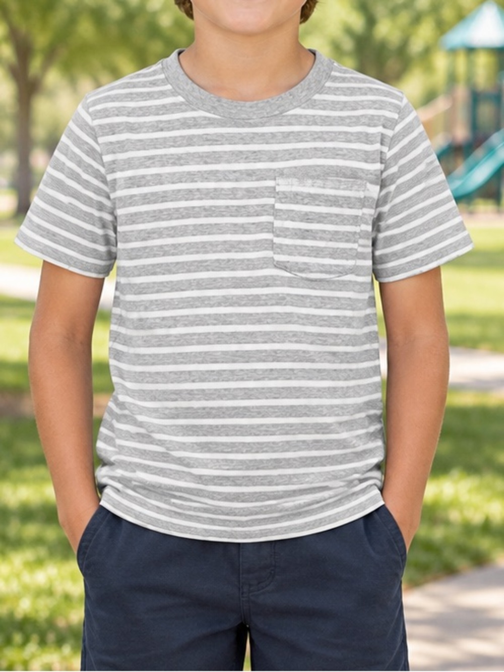 Carter’s- Gray & White Striped Pocket T-Shirt Size 10
